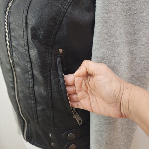 Last Kiss Faux Leather Sweatshirt Hoodie Moto Jacket, Medium - Picture 5 of 9